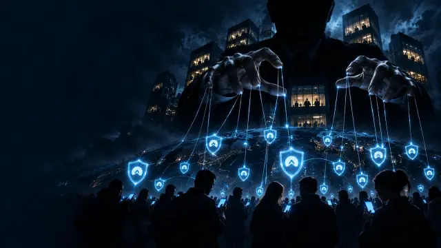 Illustration: A puppet master's hands made of shadow controlling strings attached to many small glowing VPN shield icons, corporate building silhouettes behind