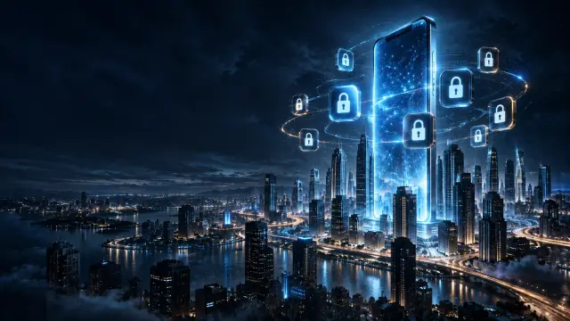 Illustration: A tall glowing smartphone standing like a skyscraper in a dark futuristic city, app icons orbiting it as small satellites, padlock symbols on each