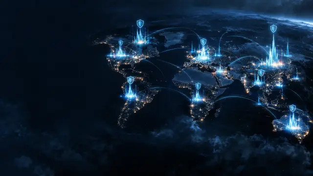 Illustration: A dark world map at night with glowing pulse waves rising from several countries like seismograph spikes, digital shield icons hovering above
